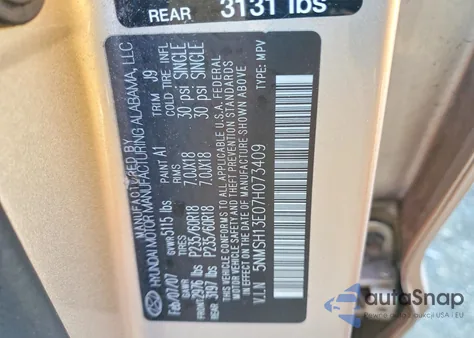 2007 Hyundai Santa Fe Se z USA, uszkodzony, nr VIN 5NMSH13E07H073409